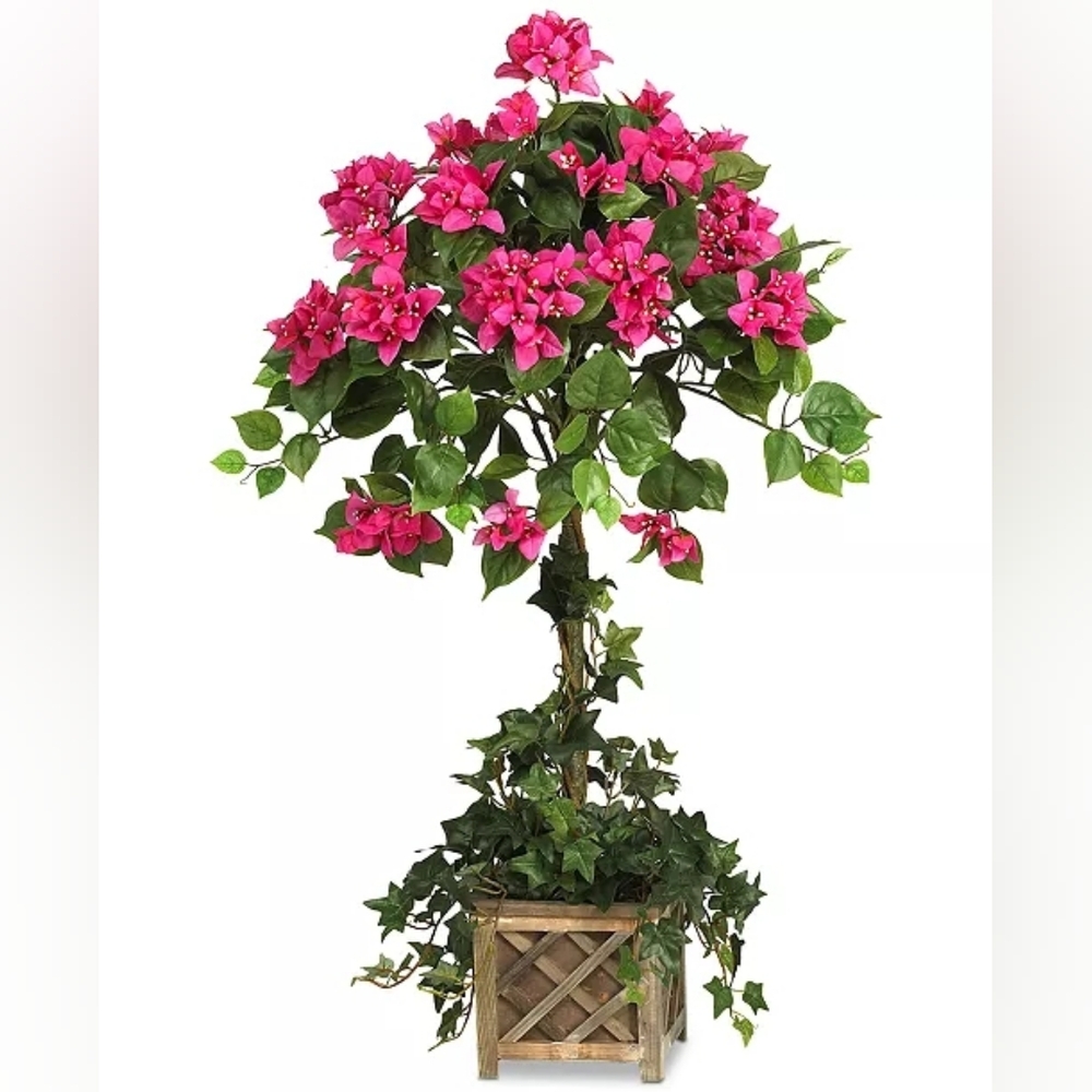 Nearly Natural Artificial Bougainvillea Topiary with Wood Planter - Dark Pink